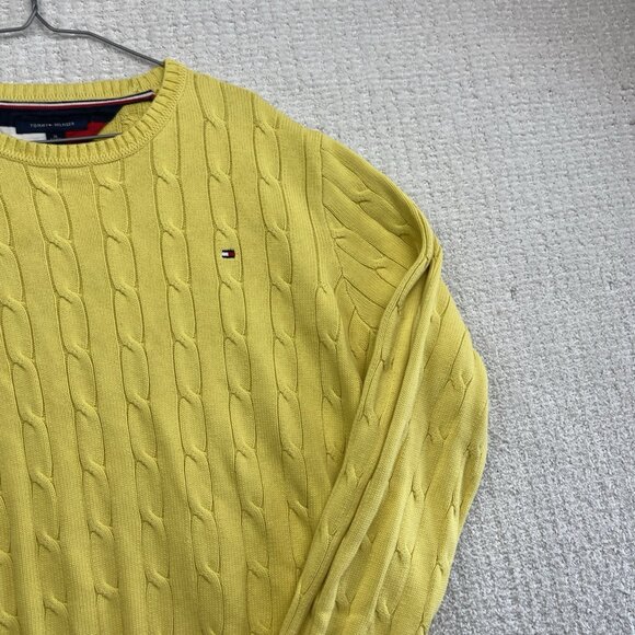 Vintage Tommy Hilfiger Cable Knit Sweater Yellow Men XL Preppy Grandpa Pullover - Picture 6 of 10